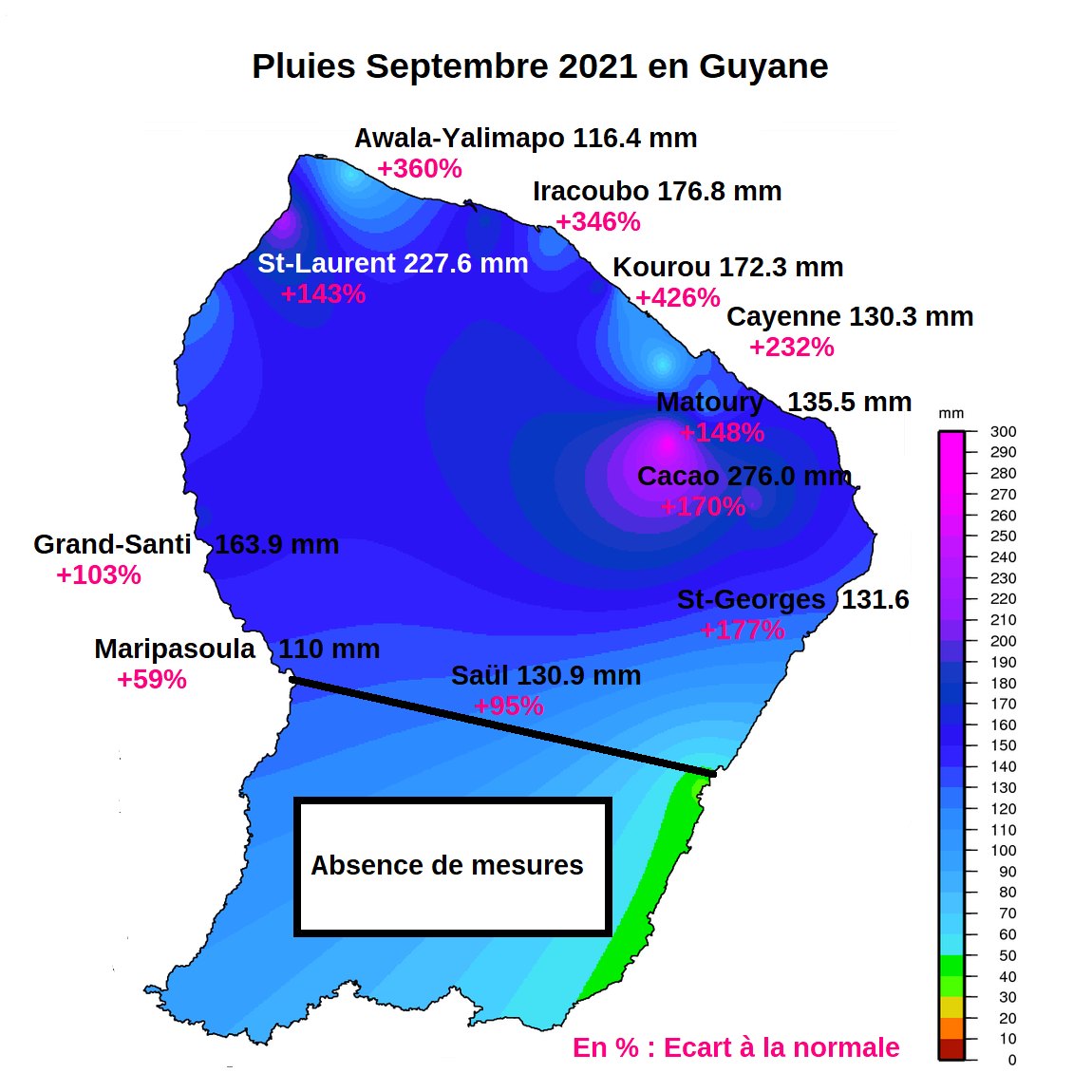 Carte de la pluviométrie de septembre  2021 avec les excédents