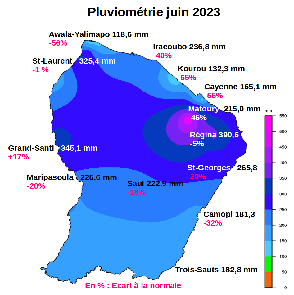 carte complète de la pluviométrie de juin  2023 avec les écarts  à  la normale mesurés