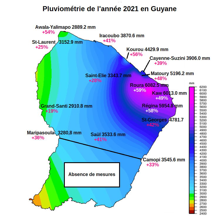 Carte de la pluviométrie de  2021 en Guyane
