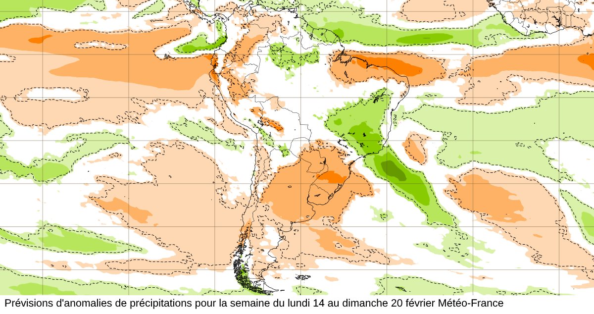 Prévisions Météo-France d'anomalies de précipitations pour la semaine du 14 au 20 février