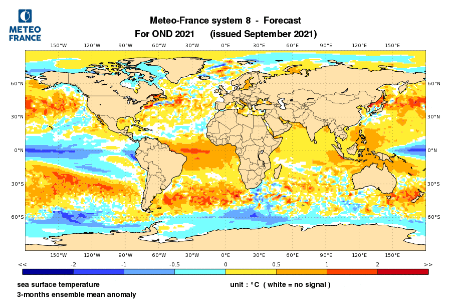 Prévisions d'anomalies de température de surface de l'océan pour octobre, novembre et décembre