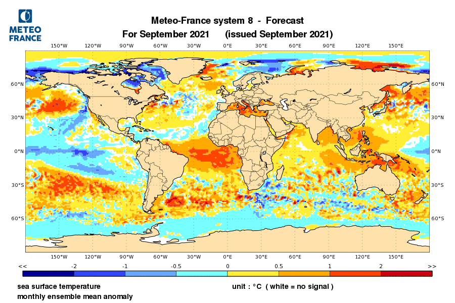 Carte montrant des eaux de surface plus chaudes que la normale sur le bassin atlantique équatorial