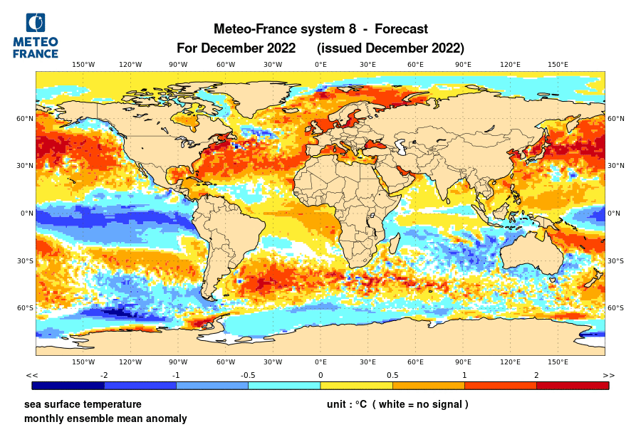 anomalies de températures de surface des océans analysée en décembre 2022