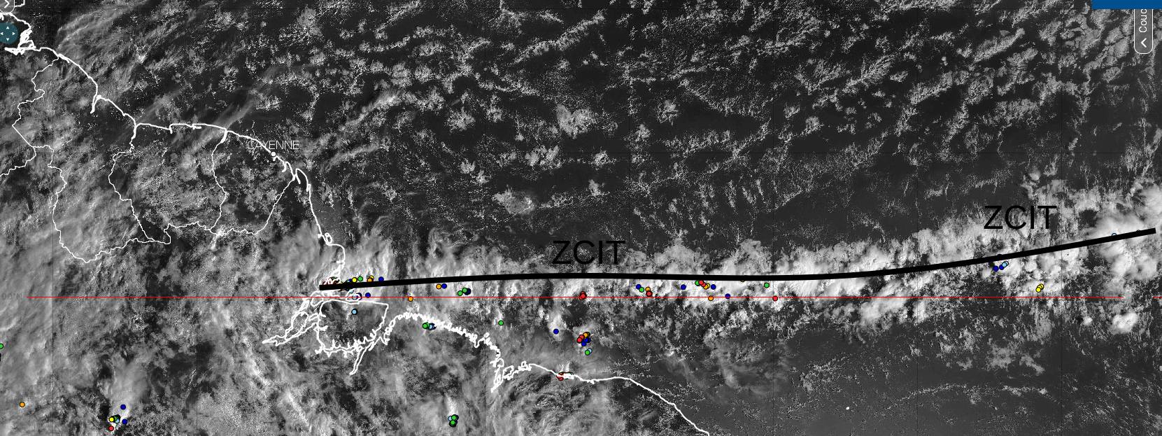 Image satellitaire montrant la position de la ZCIT le lundi 23 janvier 2023