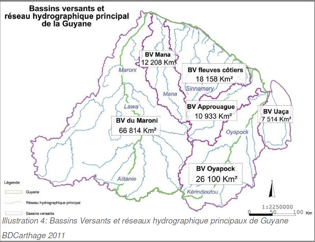 Bassins verstants et réseau hydrographique principal de Guyane