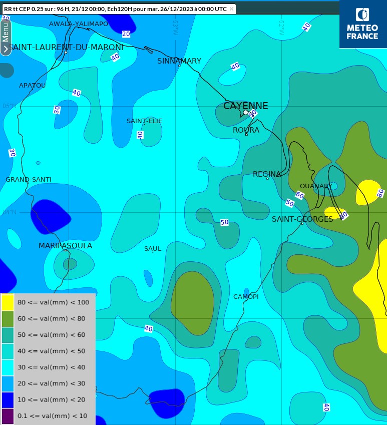 ​Cumuls de pluies prévus entre vendredi 22 et lundi 25 décembre par le centre Européen de Prévisions [Cliquer et glisser pour déplacer] ​