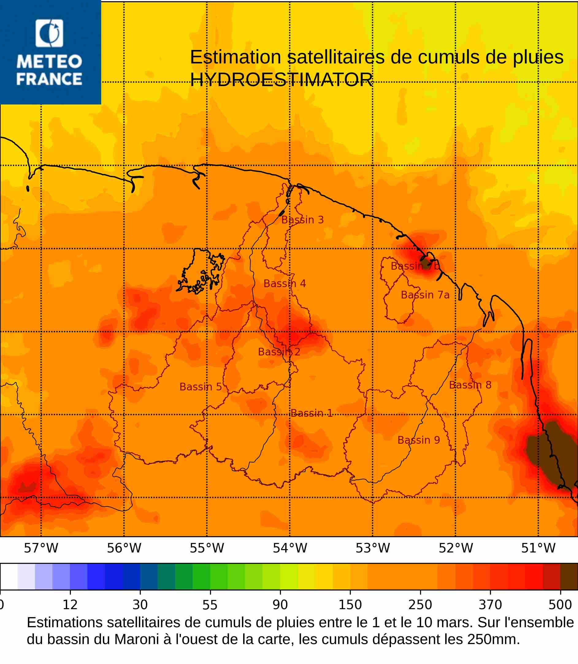 Estimations satellitaires de cumuls de pluies sur la période du 1 au 10 mars 2022