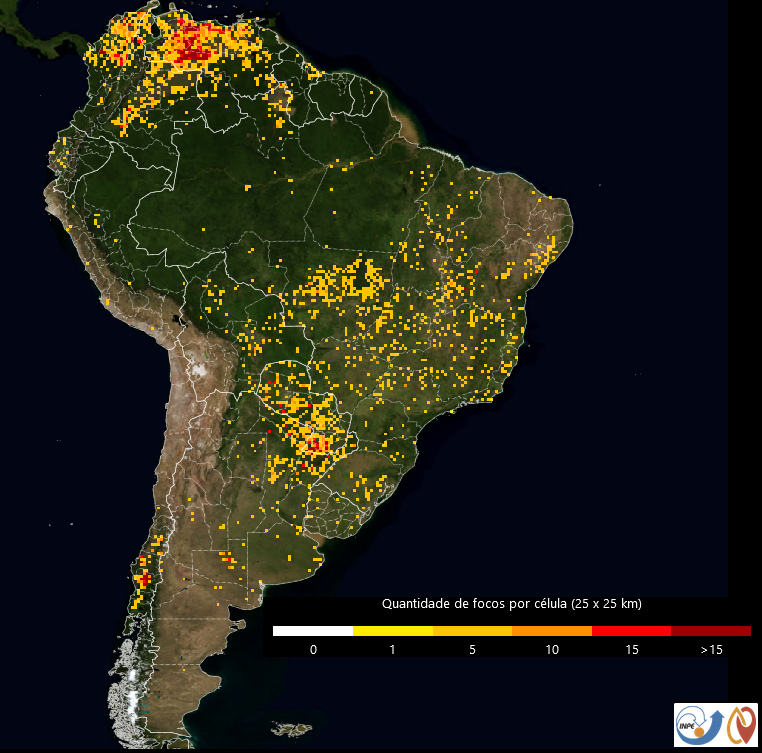 ​Carte de l'INPE( Institut national de recherche spatiale du Brésil) recensant les feux en mars 2022​