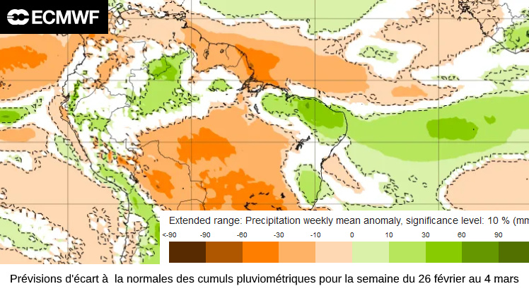 Prévisions d'écart  à  la normale de la pluviométrie pour la semaine du 26 février au 4 mars (source Centre Européen de Prévisions  à moyenne échéance)