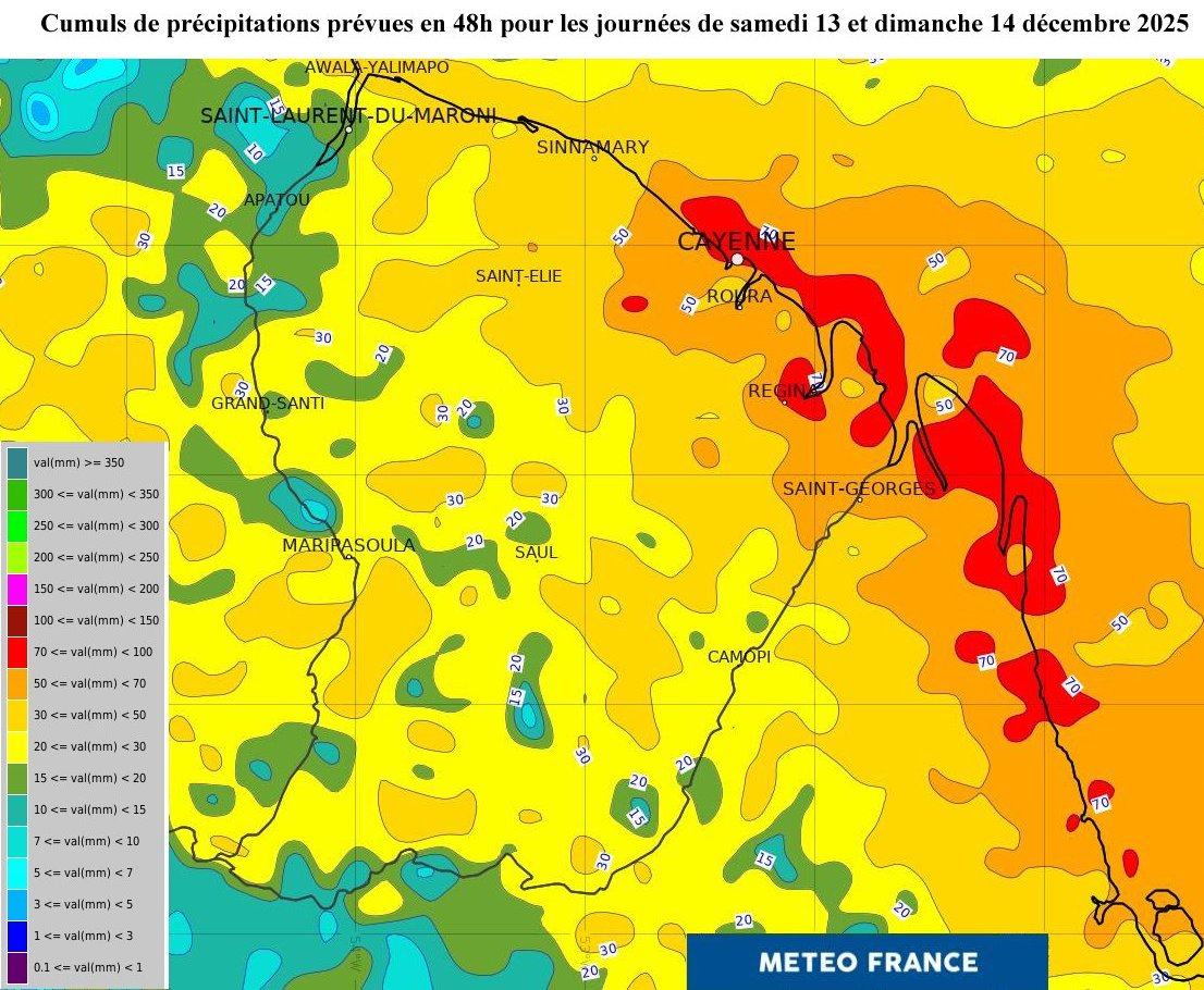 cumuls de précipitations prévus pour le week-end du 13-14 décembre 2025