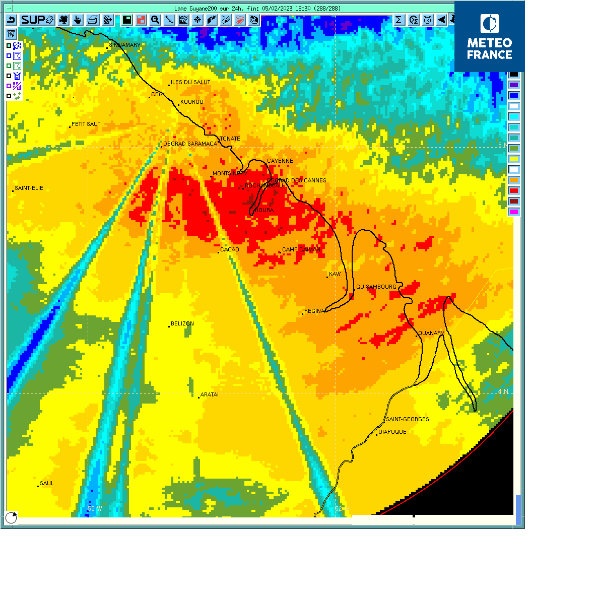 Cumuls pluvieux sur  24 heures à partir des images radar entre samedi à 16h30 et dfimanche  à  16h3030