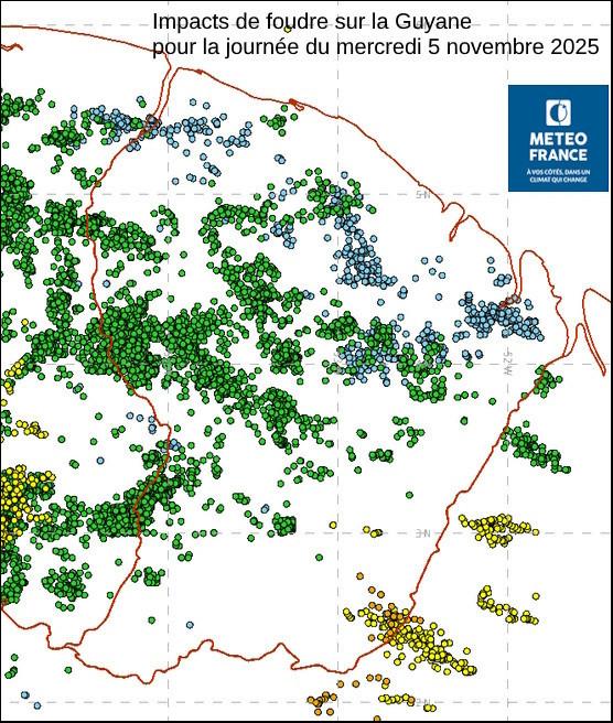 impacts de foudre sur la Guyane le 5 novembre 2025