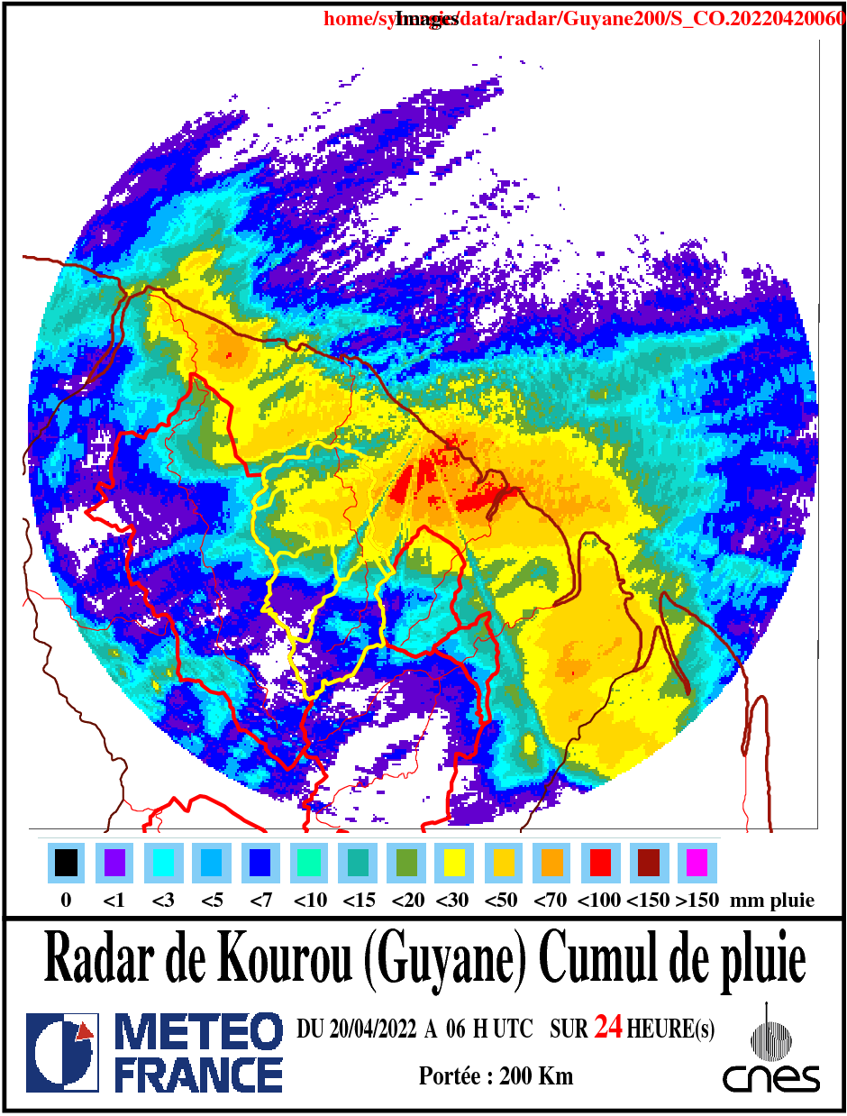 Cumuls de pluies sur  24 heures d'après l'imagerie radar ( du 19/04 à03 heures au 20/04 à 03 heures