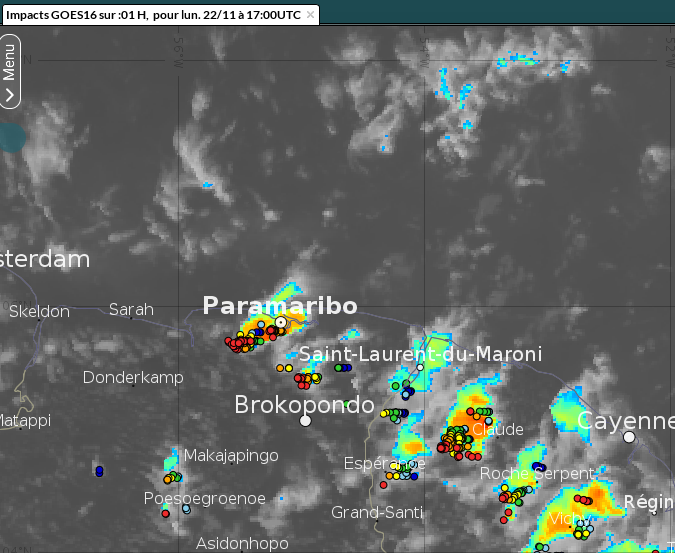 image satellite montrant l'orage sur paramaribo le  22 novembre après-midi