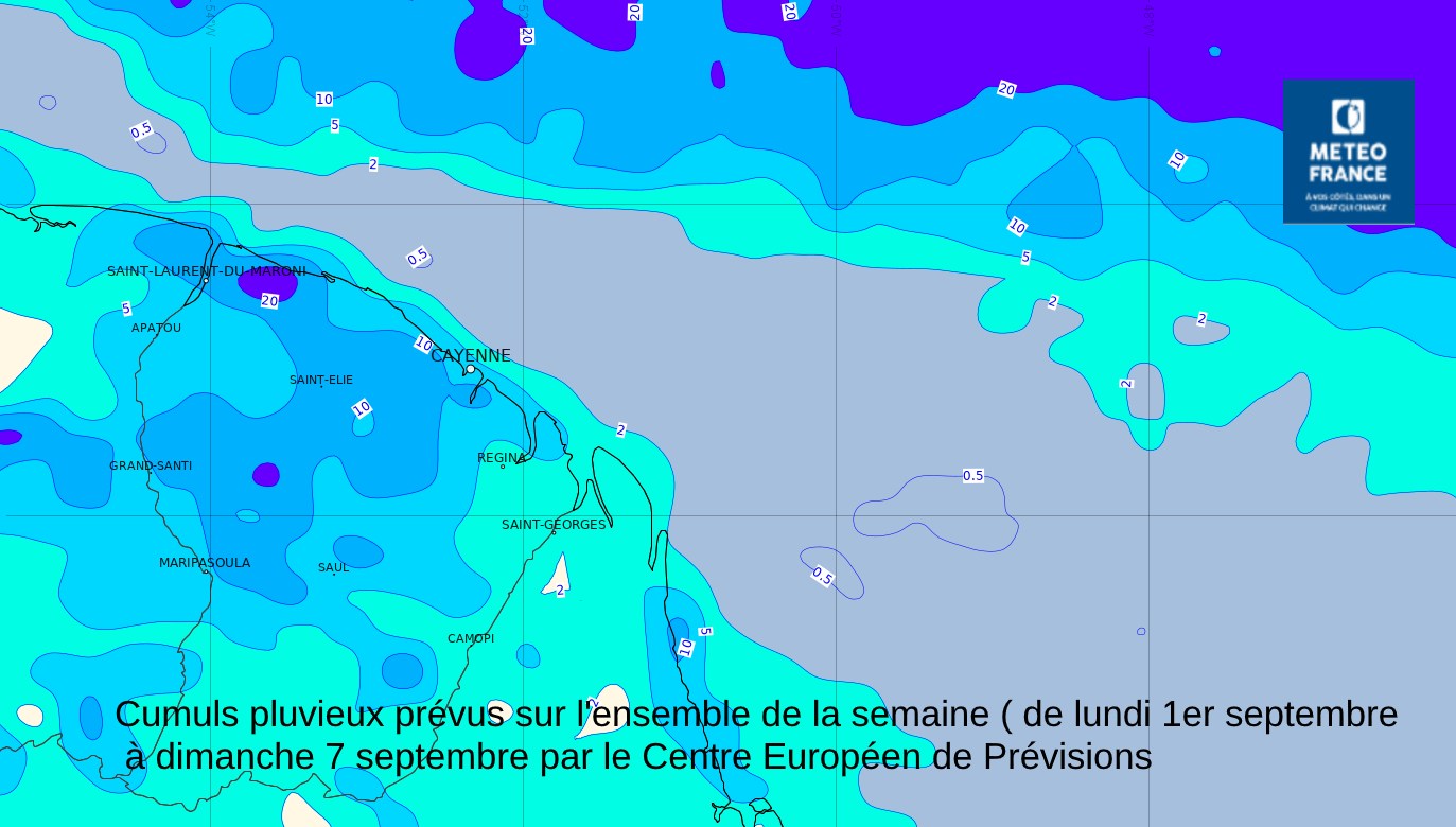 Cumuls de pluies prévus sur  7 jours ( de lundi 1er septembre  à  dimanche  7 septembre par le Centre Européen de Prévisions