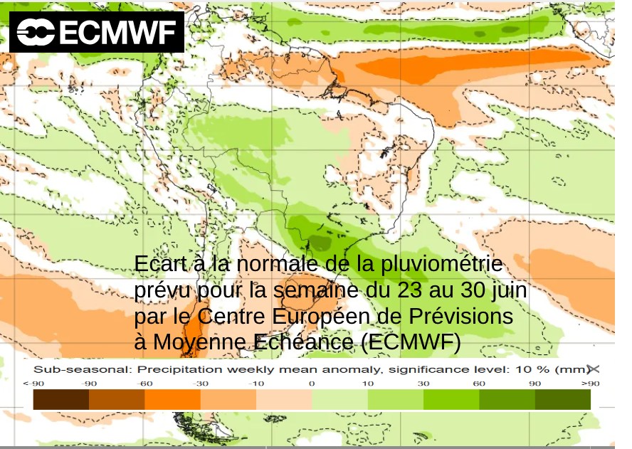 ecart  à  la normale de la pluviométrie prévue pour la semaine du 23 au 30 juin par ECMWF