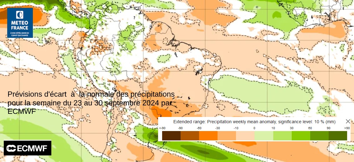 prévisiosn d'écart  à  la normale des cumuls de pluies pour la semaine du 23 au 30 septembre