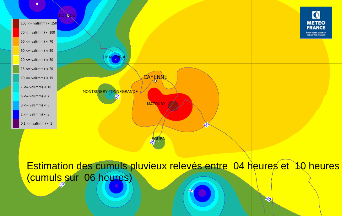 estimation des cumuls pluvieux relevés entre  04 heures et 10 heures ce matin