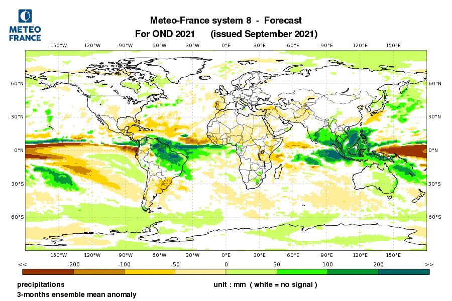 Carte montrant la pluviométrie plus importante que la normale prévue sur la période d'octobre  à  décembre.