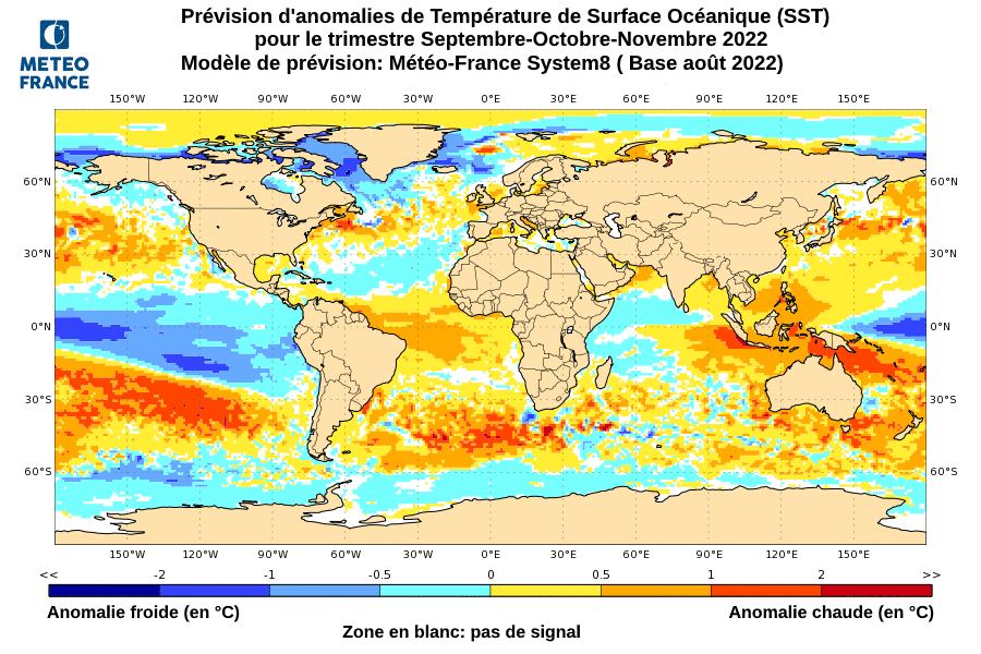 Prévisions d' anomalie de températures de surface de l'océan pour le trimestre septembre-octobre-novembre 2022