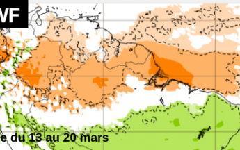Prévisions d'anomalies de précipitations par rapport à la normale pour la semaine du 13 au 20 mars 2023
