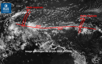 Image satellitaire du jeudi 19 juin 2025, net assèchement dans la partie sud de l'Amazonie. ZCIT encore proche de la Guyane