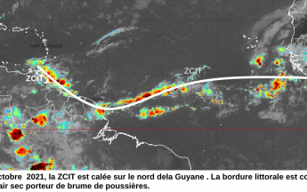 Image montrant le positionnement de la ZCIT à la latitude de la Guyane dès la fin octobre 2021