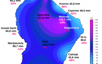 Carte des cumuls pluvieux et écarts à la normale de novembre  2023 en Guyane