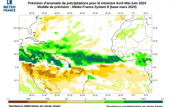 Carte d'anomalies de précipitations trimestre avril-mai-juin 2024