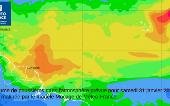 Illustration de l'arrivée de la brume de poussières en fin de semaine (modèle Mocage de Météo-France)