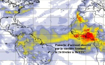 Panache d'aérosol observé le 26/02/2026 par le satellite sentinel