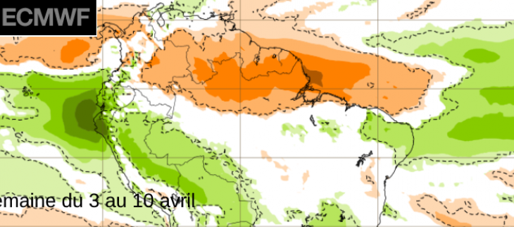 Carte de prévisions d'anomalies de précipitations pour la semaine du 3 au 10 avril (centre européen de prévisions à moyenne échéance)
