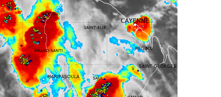 Image satellitaire montrant les solides amas pluvio-orageux sur le Maroni lundi 13 juin en soirée.