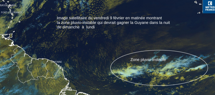 Image satellitaire de vendredi 9 février en matinée montrant la zone pluvio-active qui devrait atteindre la Guyane dans la nuit de dimanche à lundi Image satellitaire de vendredi 9 février en matinée montrant la zone pluvio-active qui devrait atteindre la Guyane dans la nuit de dimanche à lundi