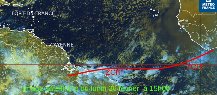 Image satellitaire du lundi 26 février 2024 montrant la ZCIT repoussée au niveau de l'Equateur Image satellitaire du lundi 26 février 2024 montrant la ZCIT repoussée au niveau de l'Equateur