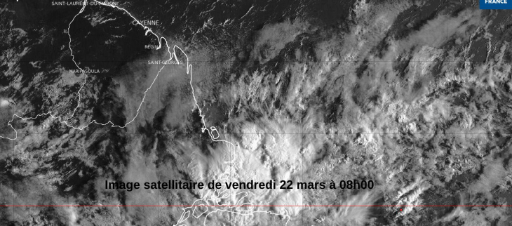 Image satellitaire du 22 mars  à 08h00, l'activité pluvieuse reste sur le nord du Brésil
