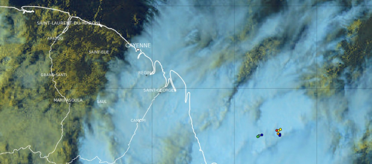 Image satellitaire de vendredi 12 avril à 08h montrant l'activité pluvieuse sur le nord Brésil et la vallée de l'Oyapock