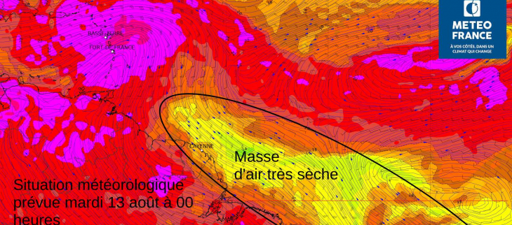 Masse d'air prévue sur la Guyane mardi 13 août à 00 heures