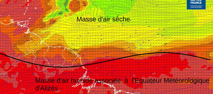 Carte illustrant la descente vers le sud de l'Equateur météorologique d'Alizés