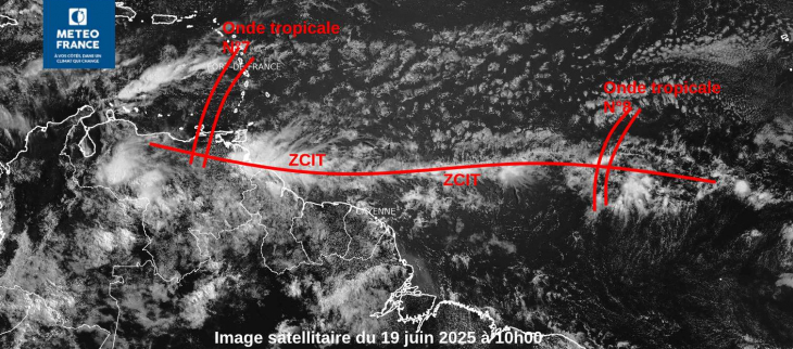 Image satellitaire du jeudi 19 juin 2025, net assèchement dans la partie sud de l'Amazonie. ZCIT encore proche de la Guyane Image satellitaire du jeudi 19 juin 2025, net assèchement dans la partie sud de l'Amazonie. ZCIT encore proche de la Guyane