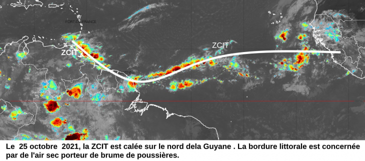 Image montrant le positionnement de la ZCIT à la latitude de la Guyane dès la fin octobre 2021