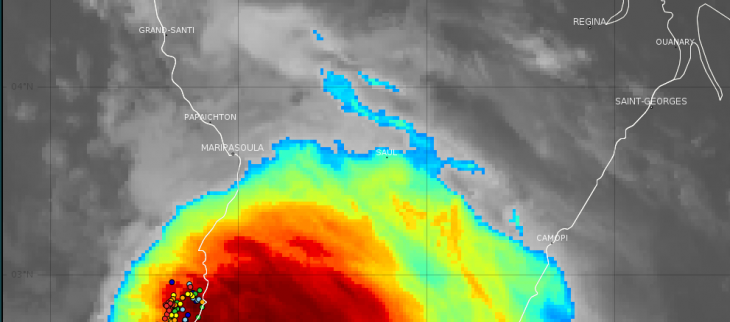 Image satellitaire et impacts orageux sur le haut Maroni en amont de Maripa-Soula.