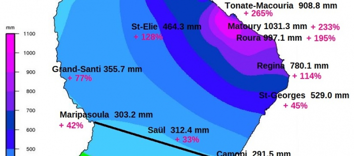 Carte de la pluviométrie mensuelle de février montrant le caractère exceptionnel des pluies sur le nord-est guyanais et une bonne partie du littoral