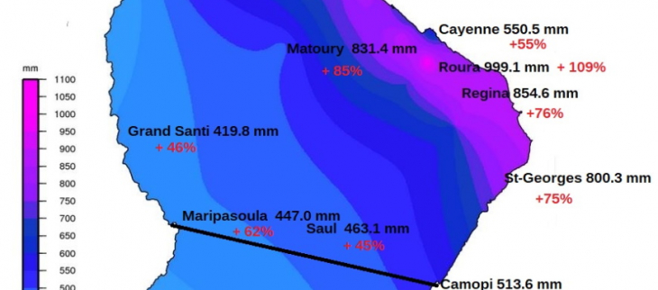 Carte pluies mensuelles en Guyane - Avril 2021