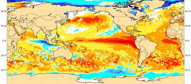 Carte d'anomalies de SST trimestre juin-juillet-août 2023