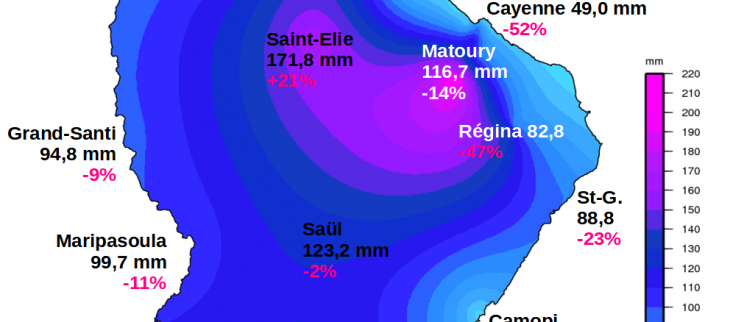 Carte des cumuls pluvieux et écarts à la normale de novembre  2023 en Guyane