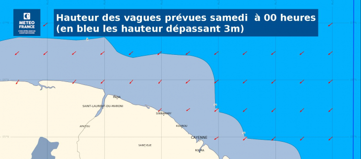 hauteur des vagues prévues samedi 15 février  à  00 heures