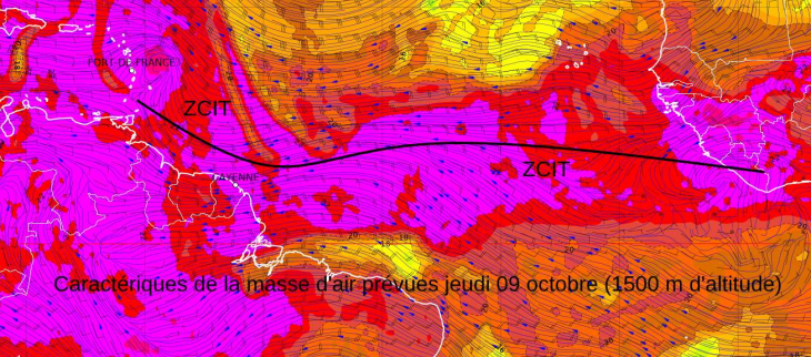 Carte illustrant la position basse en latitude de la ZCIT prévue pour jeudi 9 octobre