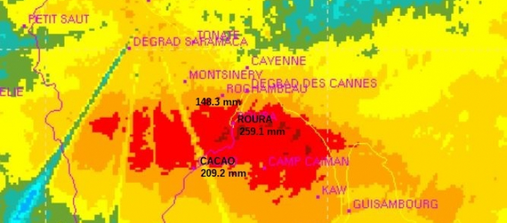 Lame d'eau en 24 heures issue du radar du CSG ( cumuls en  24 heures du 26 à 06 heures au  27à 06 heures.