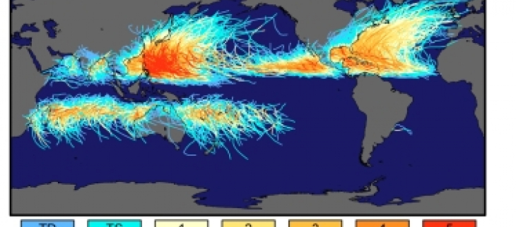 Trajectoires des systèmes tropicaux sur chaque bassin océanique. A noter, l'absence de circulation à proximité de l'équateur